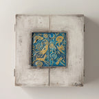 Willow Tree Starry Night Nativity, 8.5”h x 8”w x 2”d resin triptych with hinged doors, cream exterior with gold and blue details, doors open to 16”w with interior bas-relief Nativity scenes