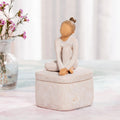 Willow Tree The Dancer Keepsake Box, 3.0"w x 3.25”d hand-painted resin box with 2.25”h figure of seated dancer in cream leotard affixed to lid