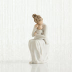 Brunette woman figurine in white dress sitting hugging baby figurine - all white background