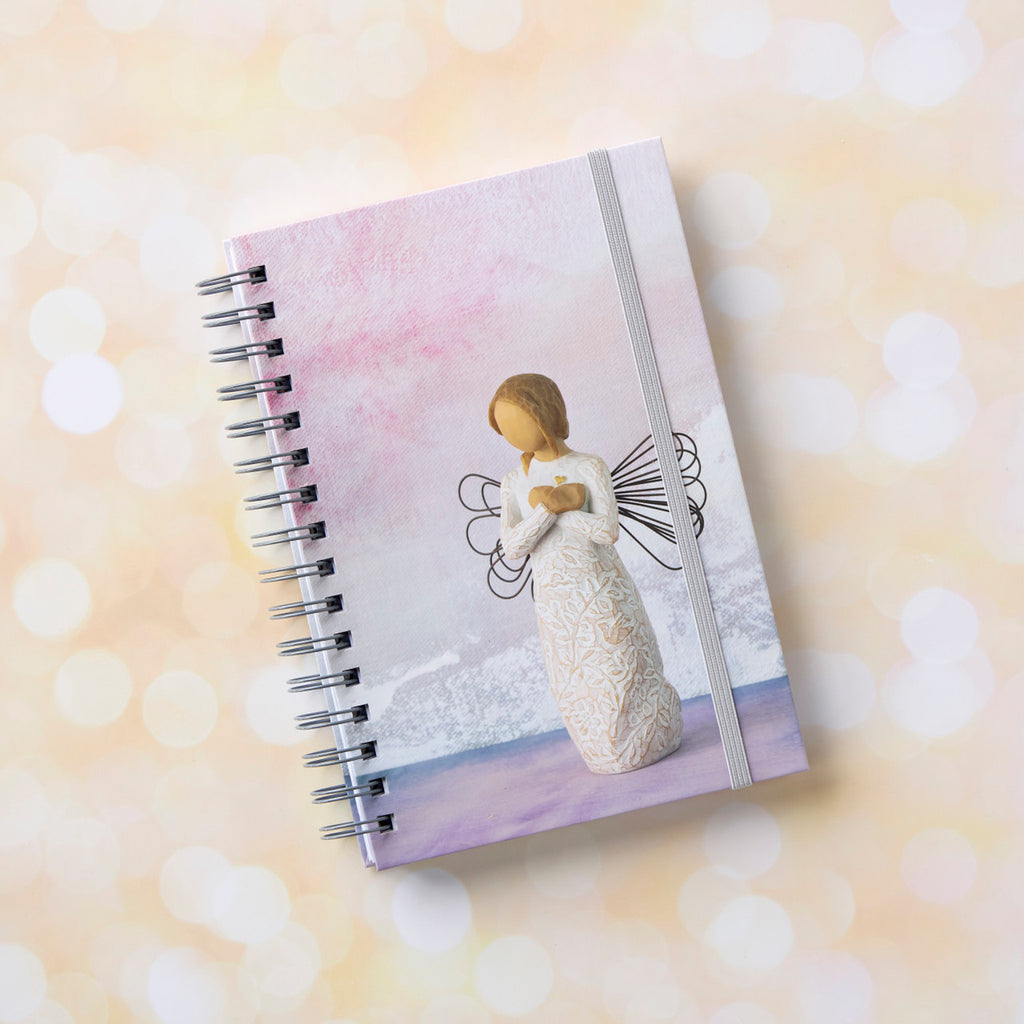 Willow Tree Remembrance Notebook, 6.5"w x 8.5"h, hard-cover, spiral-bound, 240 lined pages, front cover features Remembrance figure on background of purple-blue painting