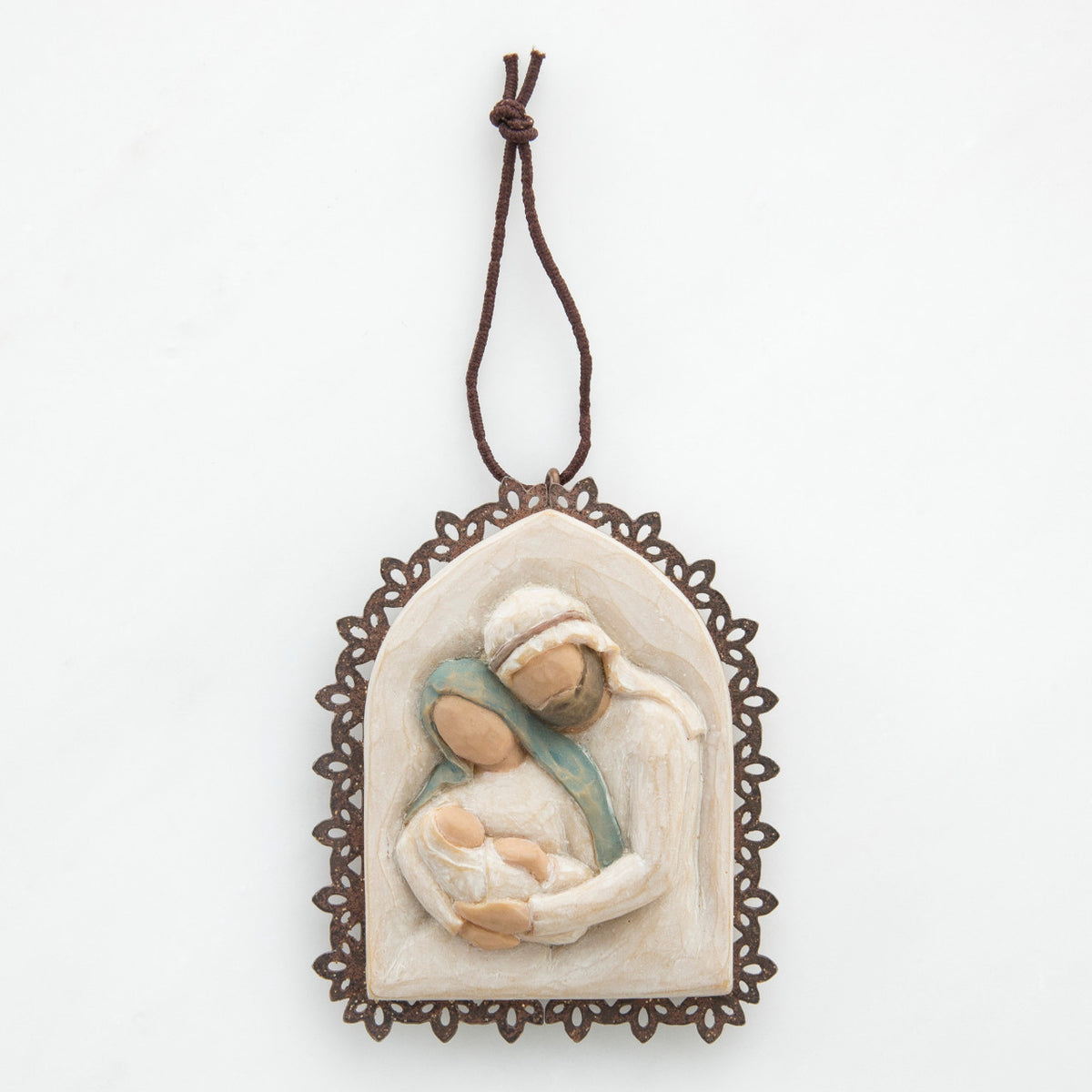 Hanging pendant - wooden branch outline - cream center with image of mary and joseph clutching baby